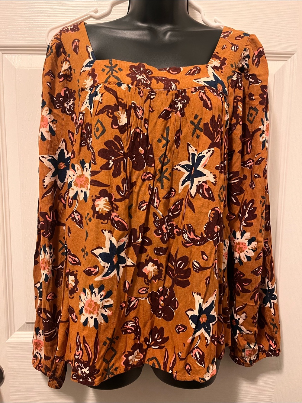Sonoma Rust Orange Floral Print Blouse with Navy and Pink Accents Size L